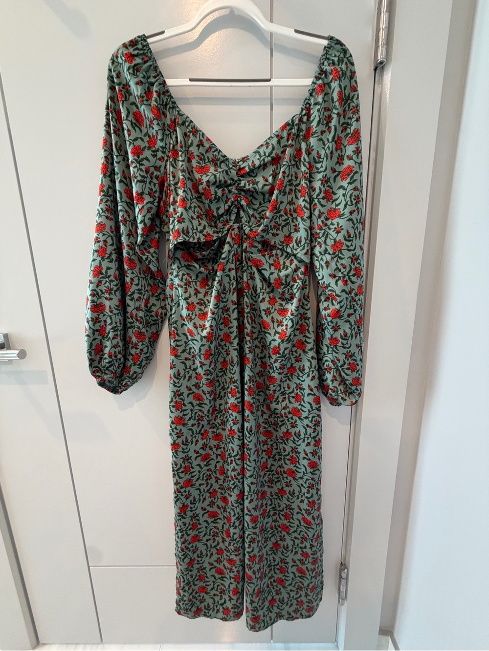 Floral Green Maxi Dress with Red Blooms